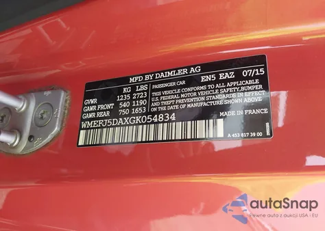 2016 Smart Fortwo из США, поврежденный, VIN WMEFJ5DAXGK054834